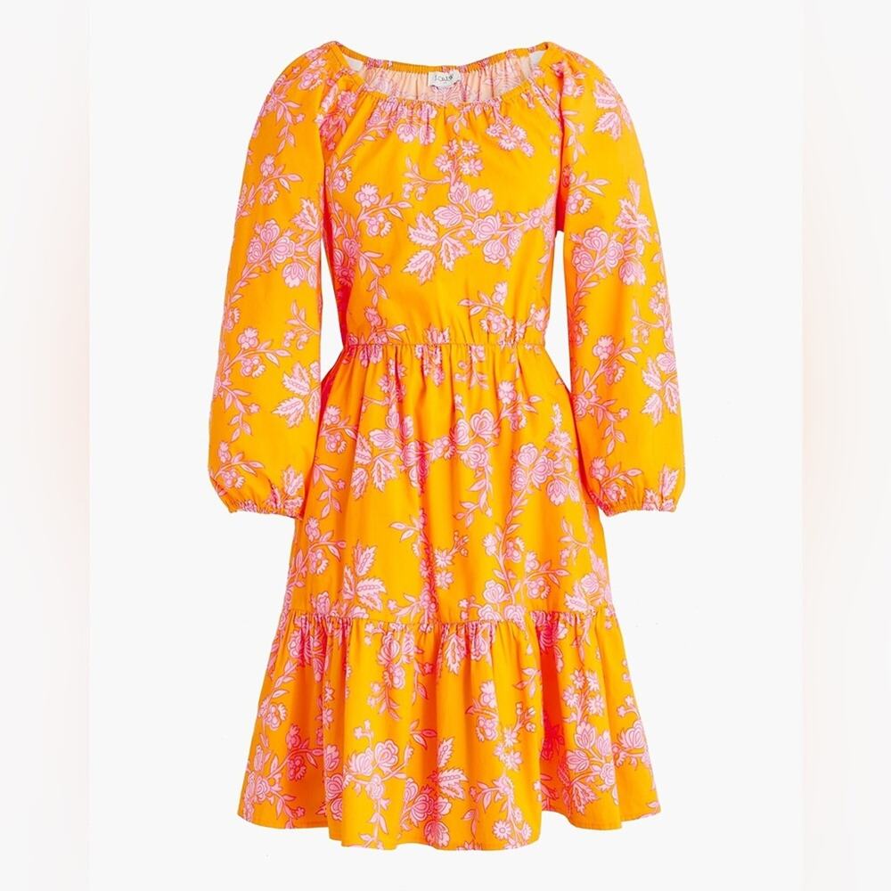 J Crew Scoop Neck 3/4 Sleeve Tiered Mini Dress 4 Orange Pink Floral Cotton Boho
